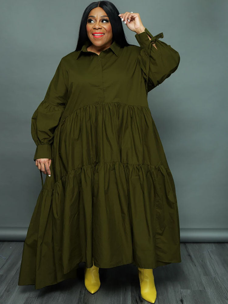Plus Size Long Sleeves Ruffle Hem Maxi Dress