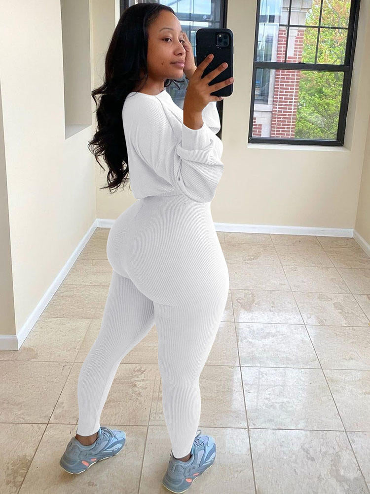 Two Pieces Ribbed Knit Top Skinny Pants