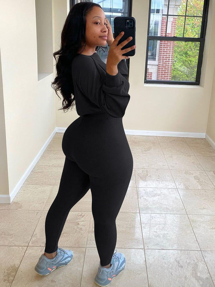 Two Pieces Ribbed Knit Top Skinny Pants