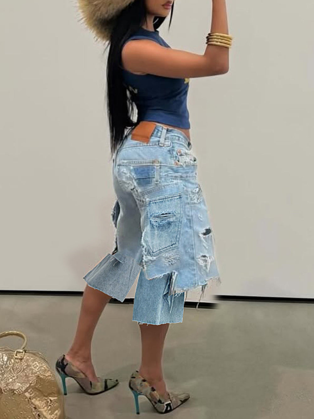 Asymmetrical Distressed Denim Capri Pants