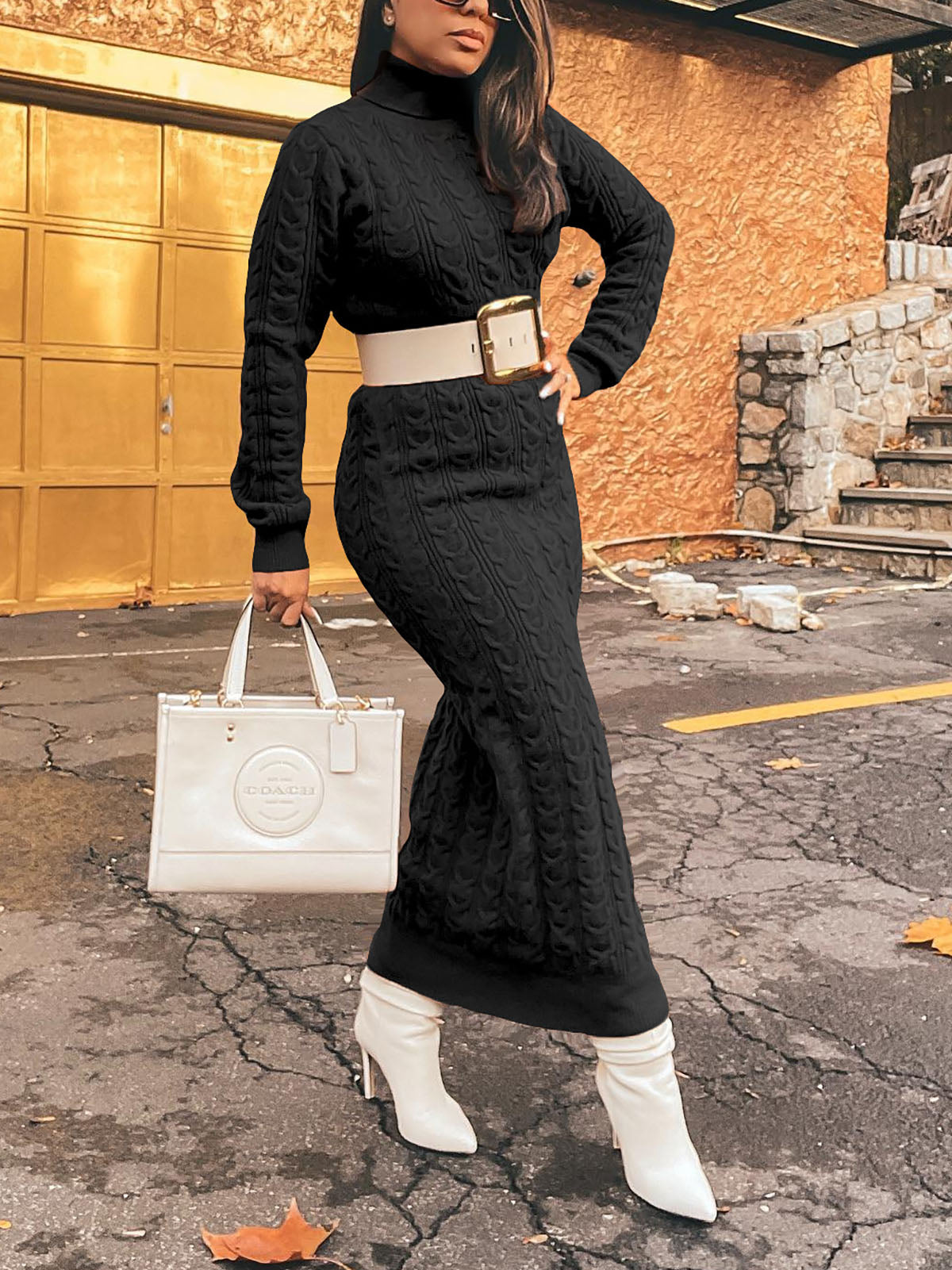 Solid Color Turtleneck Knit Dress