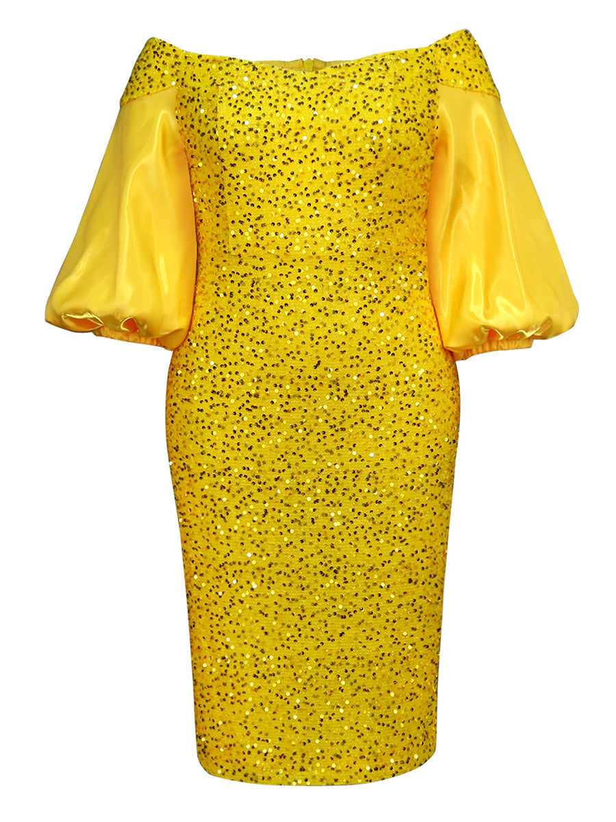 Off-Shoulder Puff Sleeves Sequin Midi Dress