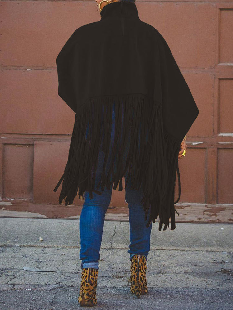 Batwing Sleeve Zipper Tassel Ponchos Top