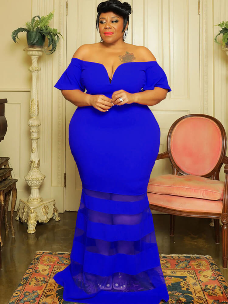 Off Shoulder Mesh Patchwork Bodycon Maxi Dress