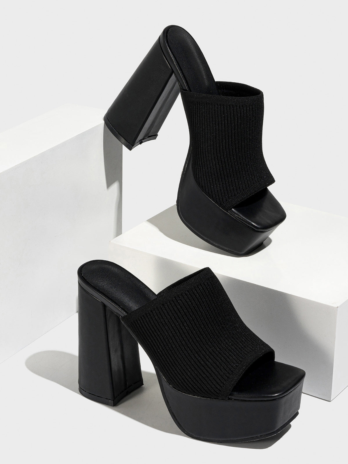 Peep-Toe Knit Platform Heels Slides
