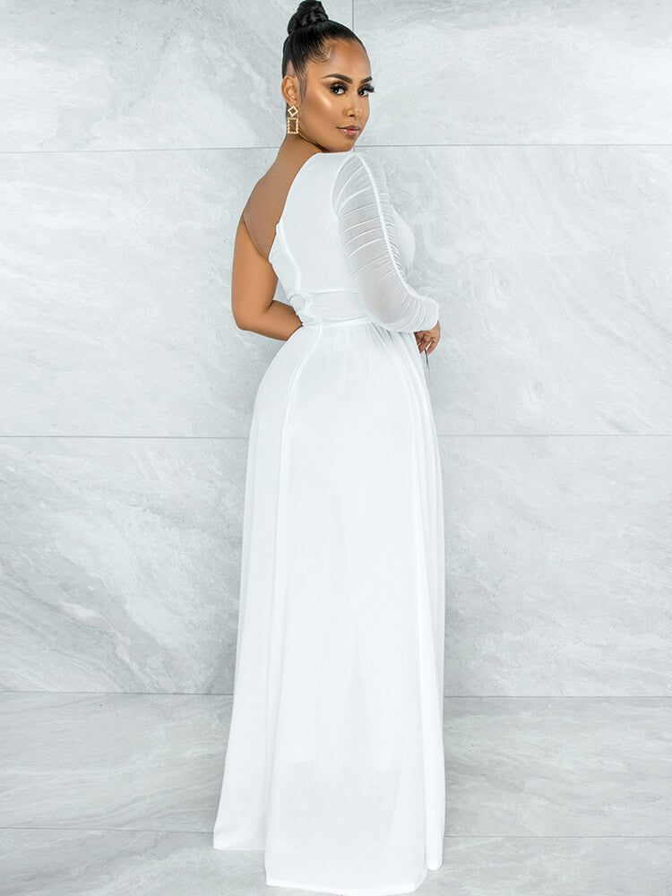 Mesh Patchwork One Shoulder Long Sleeve Jumpsuit