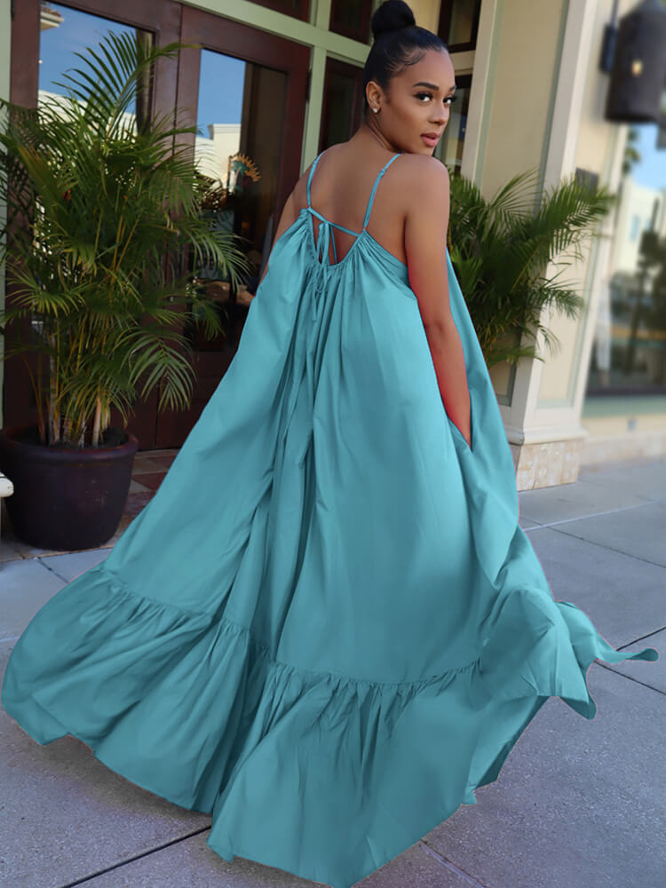 Plus Size Spaghetti Strap Ruffle Beach Maxi Swing Dress