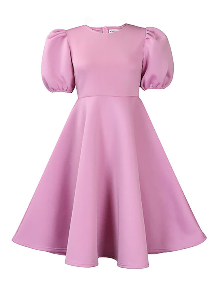 Puff Sleeve Solid Ruched Bodycon Midi Dress