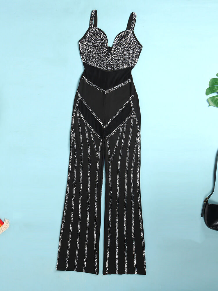 Rhinestone Spaghetti Strap Mesh Patchwork Jumpsuit