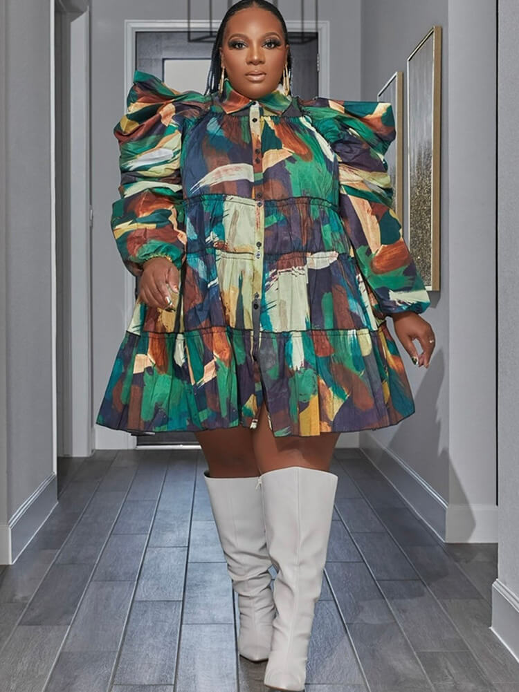 Long Sleeve Tie Dye Ruffle Mini Dress