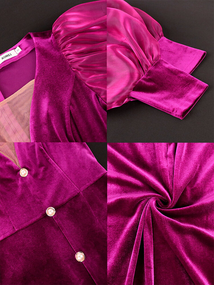 Lantern Sleeve Mesh Patchwork Split Maxi Dress