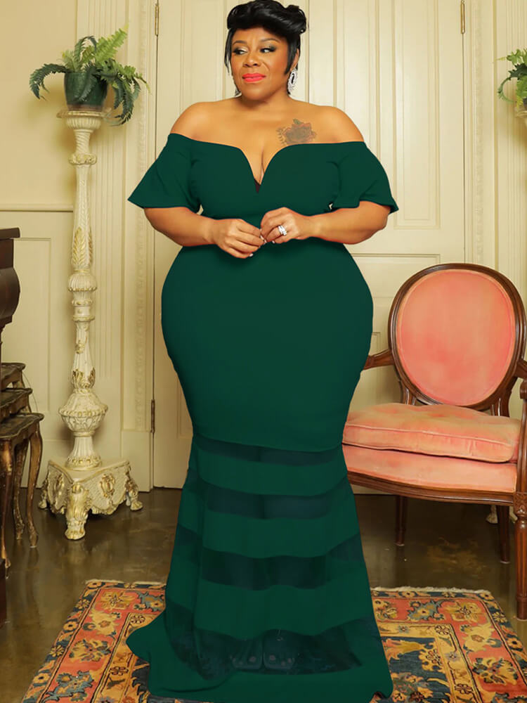 Off Shoulder Mesh Patchwork Bodycon Maxi Dress