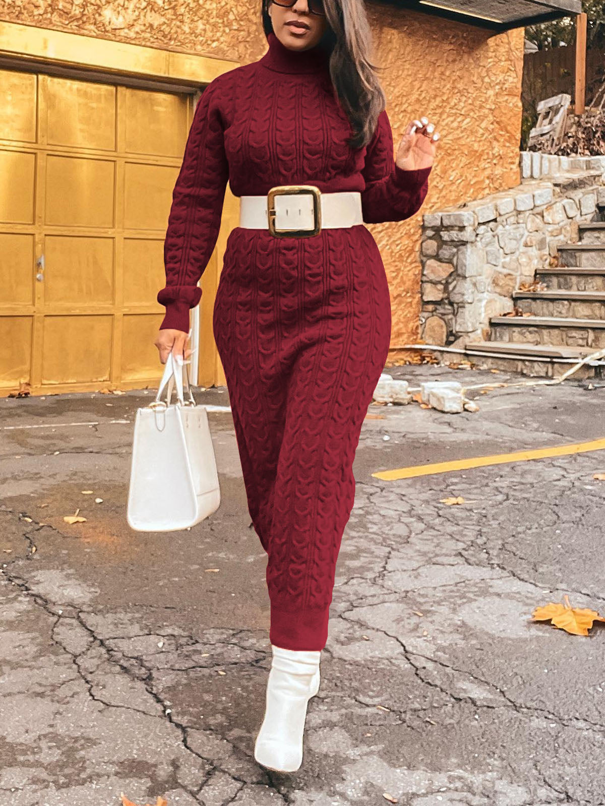 Solid Color Turtleneck Knit Dress