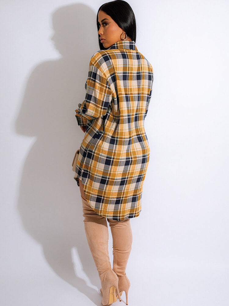 Long Sleeve Plaid Print Mini Dress Blouse