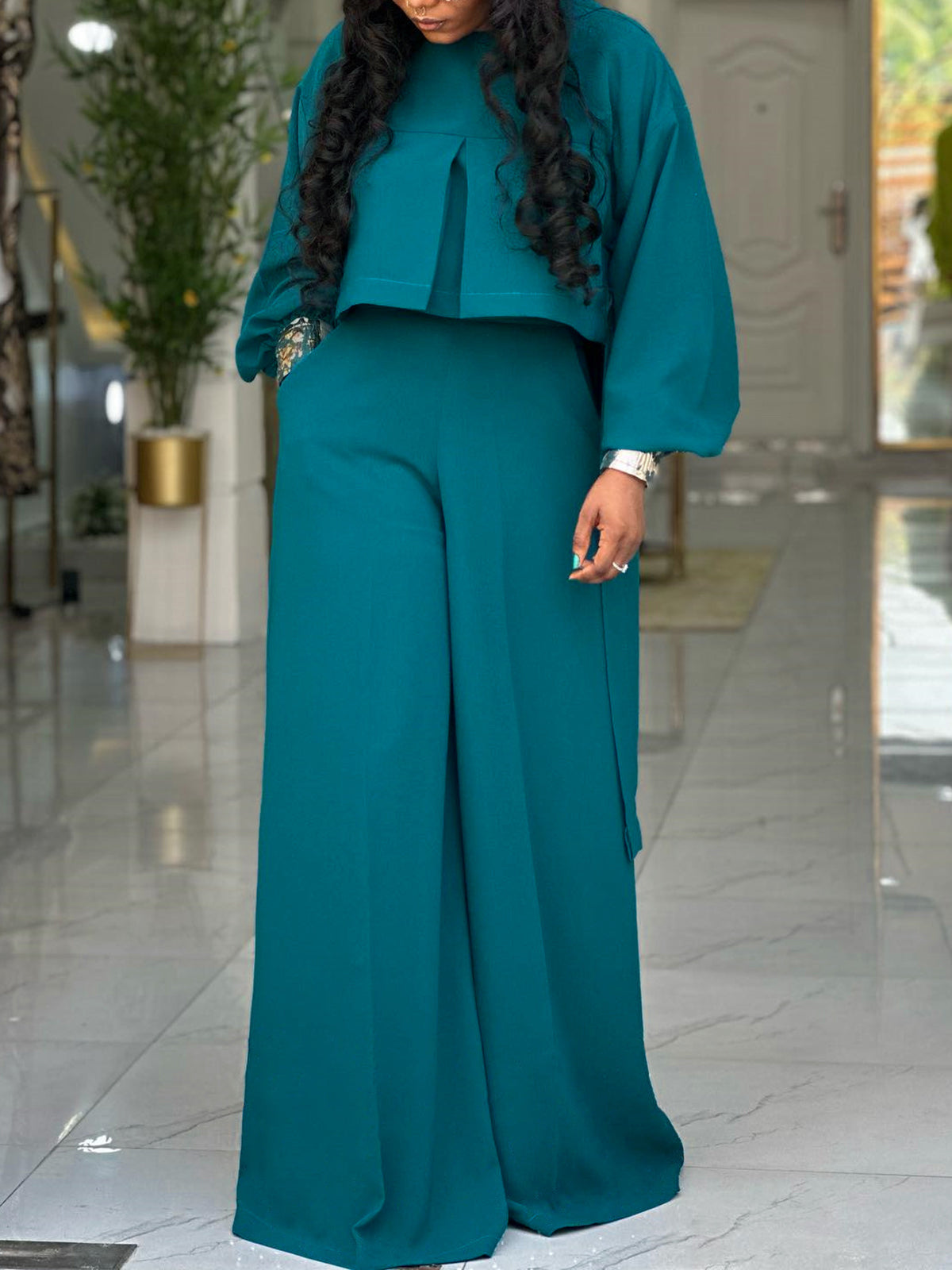 Plus Size Lantern Sleeve Wide Leg Pants Set