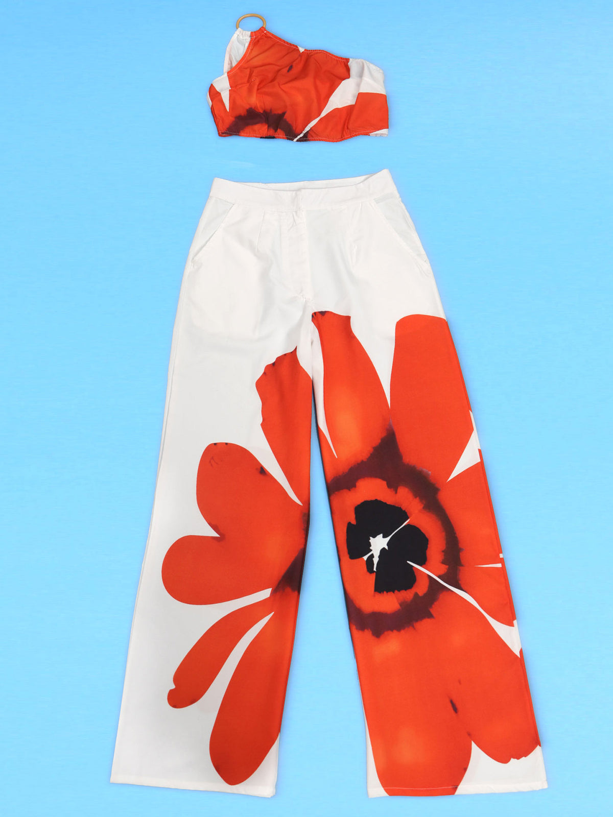 Two Piece One-Shoulder Floral Print Pants Set