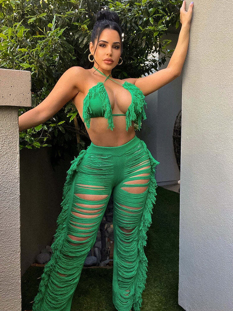 Two Piece Halter Tassel Top Bodycon Pants