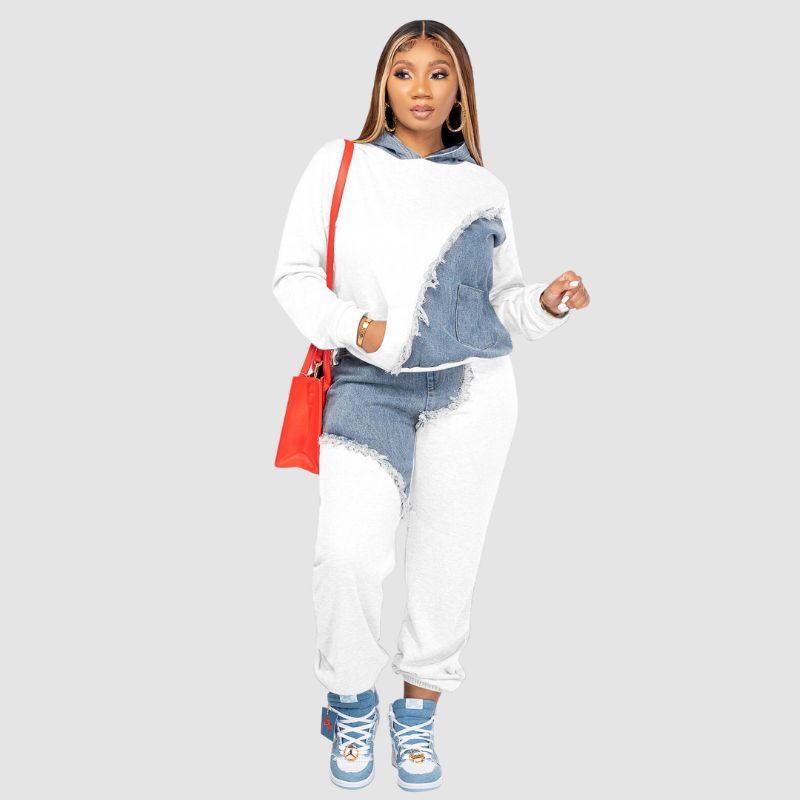Denim Patchwork Hoodies Pant Set