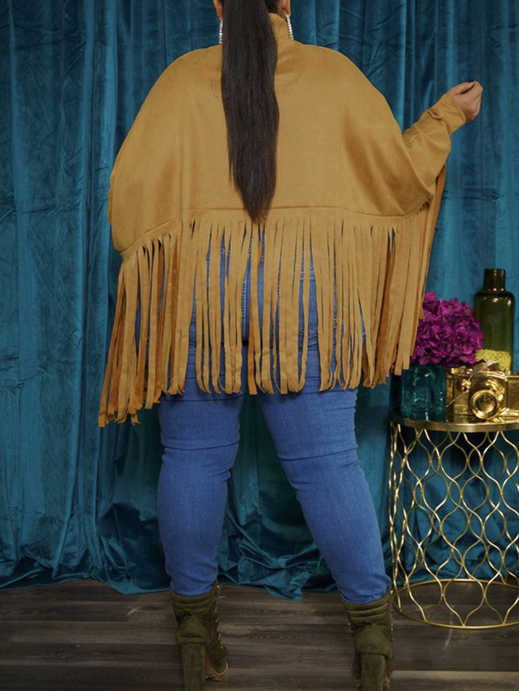 Batwing Sleeve Zipper Tassel Ponchos Top