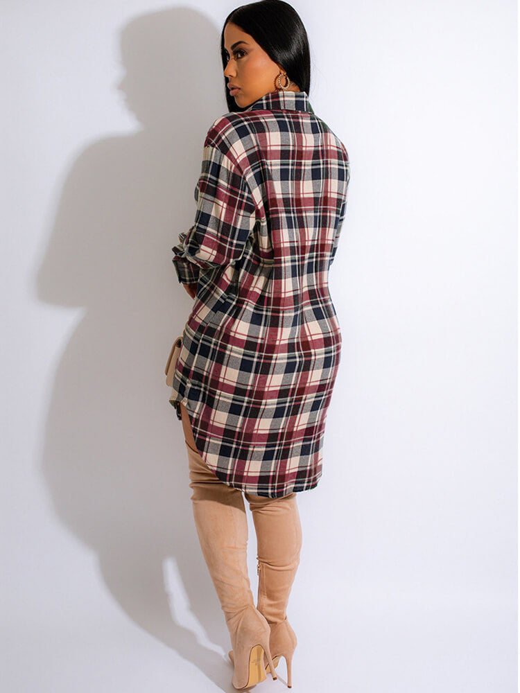 Long Sleeve Plaid Print Mini Dress Blouse