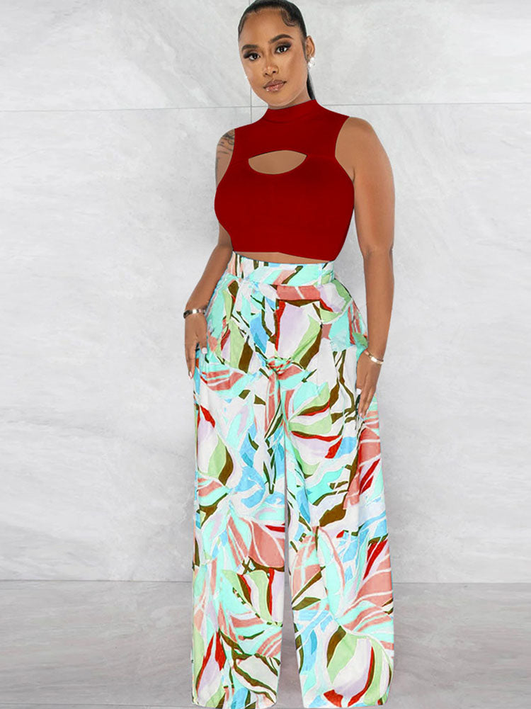 Two Piece Crop Top Floral Print Long Pants