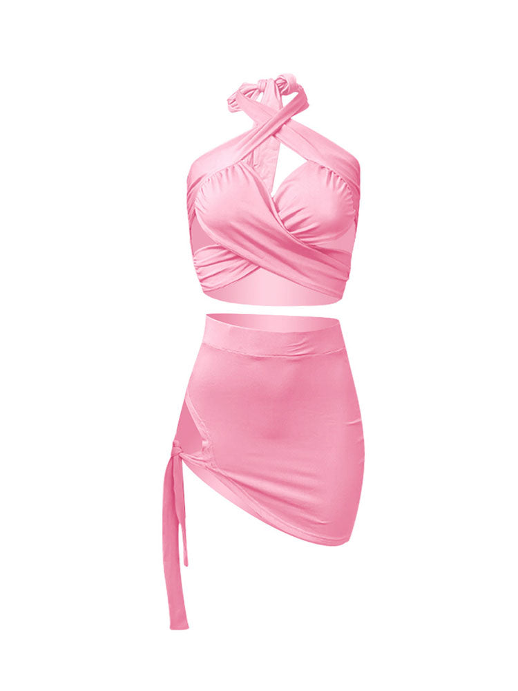 Two Piece Crisscross Crop Top Mini Skirts