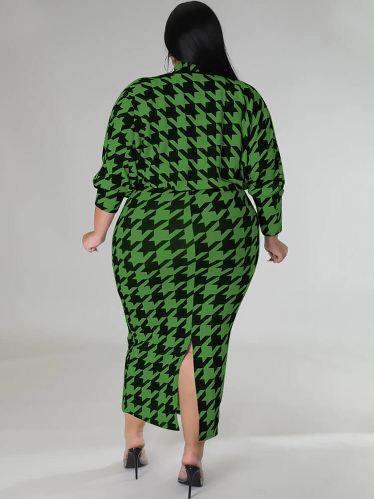 Two Piece Houndstooth Cardigan & Cut Out Midi Dress