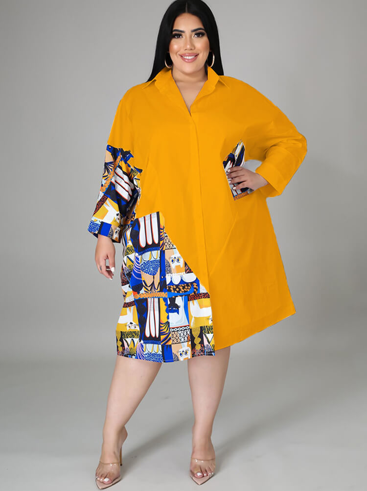 Plus Size Long Sleeve Loose  Shirts Midi Dress
