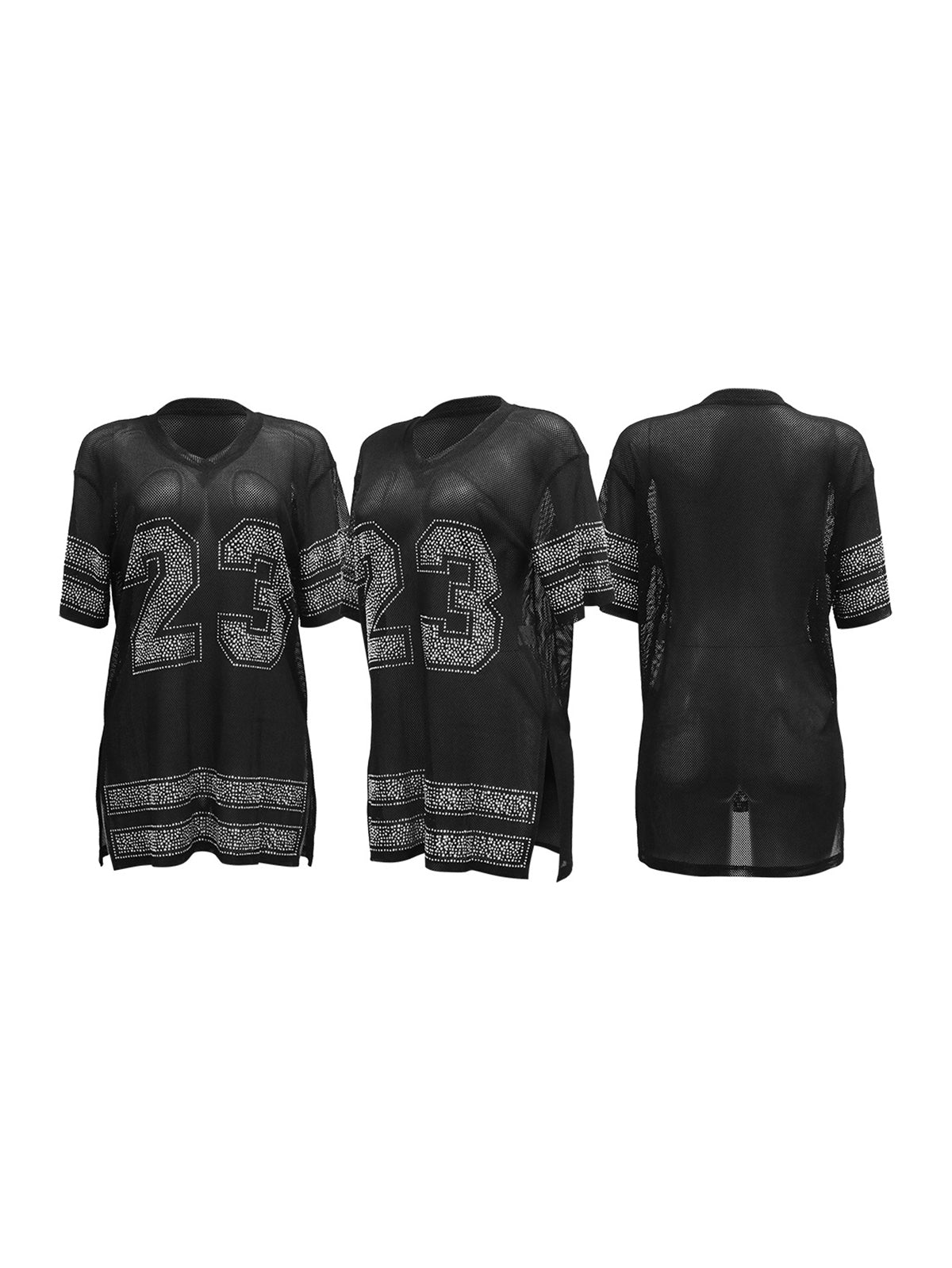 Number Graphic Rhinestone Mesh T-Shirt Dress