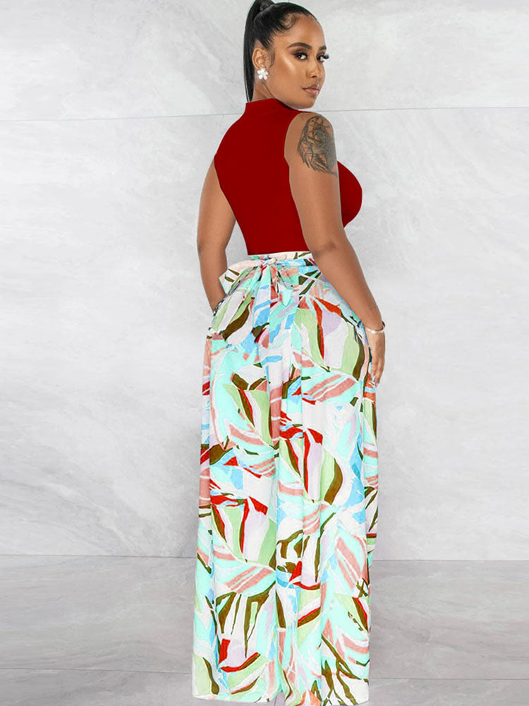 Two Piece Crop Top Floral Print Long Pants