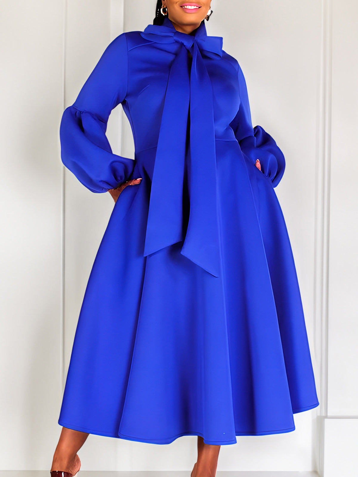 Puff Sleeve Bow-Tie Neck Flared Midi Dress