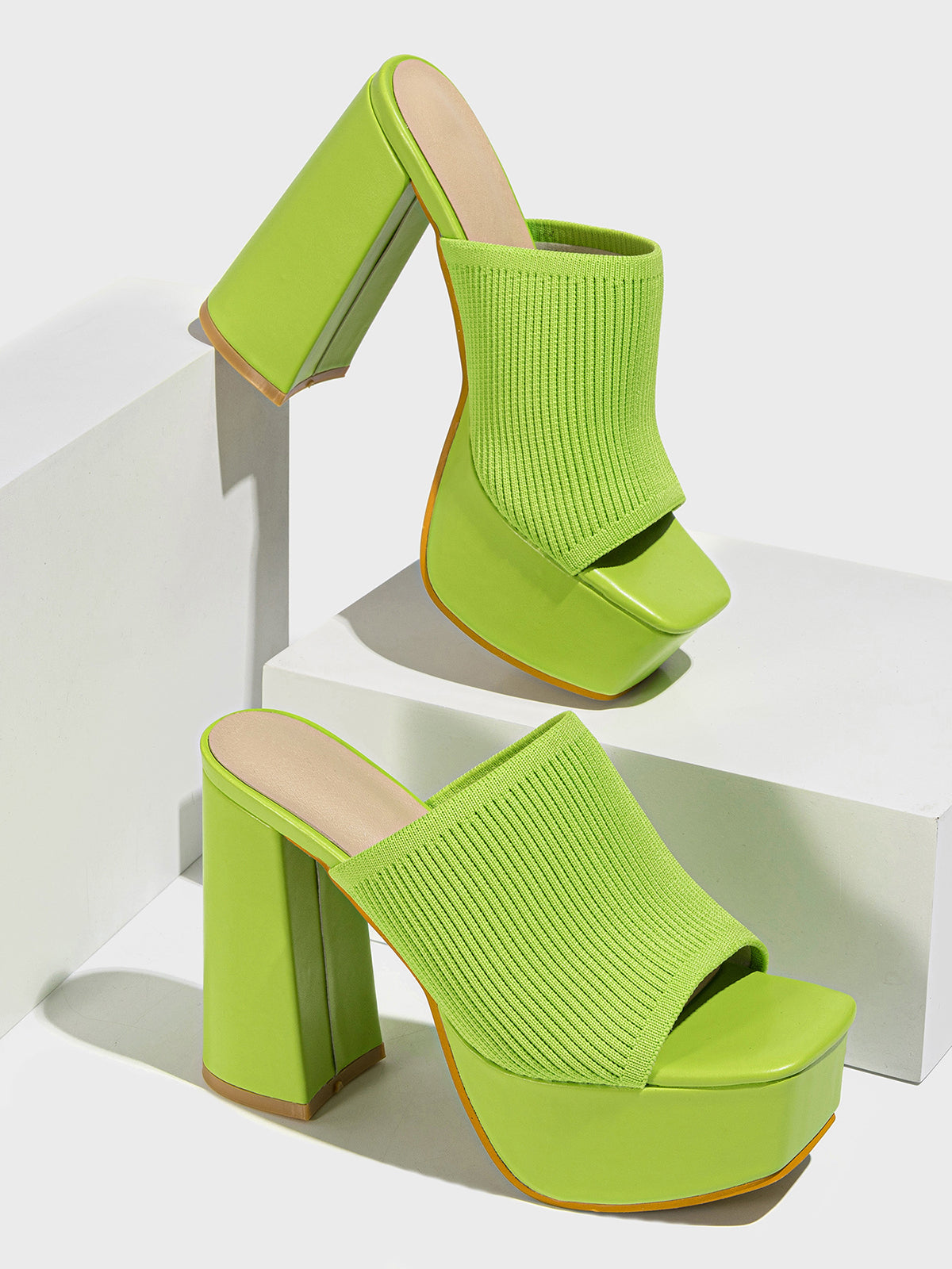 Peep-Toe Knit Platform Heels Slides