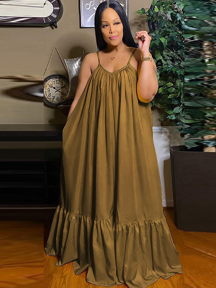 Plus Size Spaghetti Strap Ruffle Beach Maxi Swing Dress