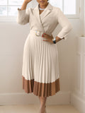 Belted Color-Block Pleated Blazer Midi Dress