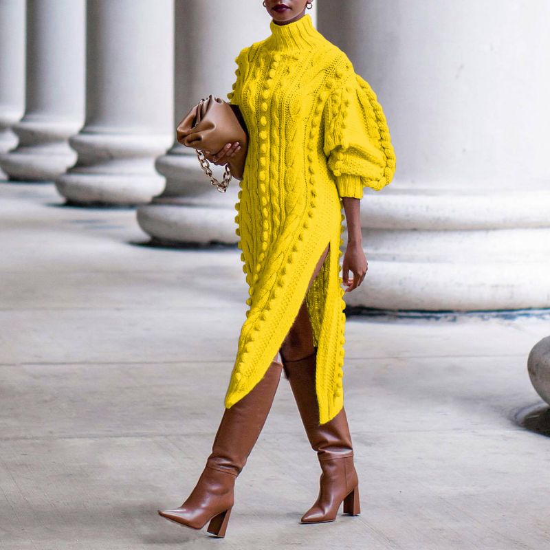 High Collar Slit knit Midi Dress