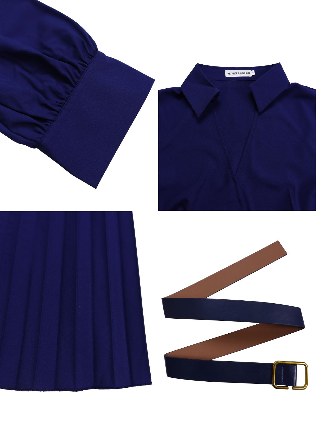 Solid Color V-Neck Pleated Dress with Belt