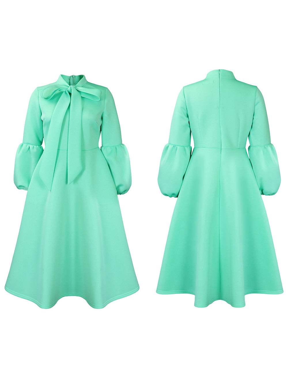 Puff Sleeve Bow-Tie Neck Flared Midi Dress