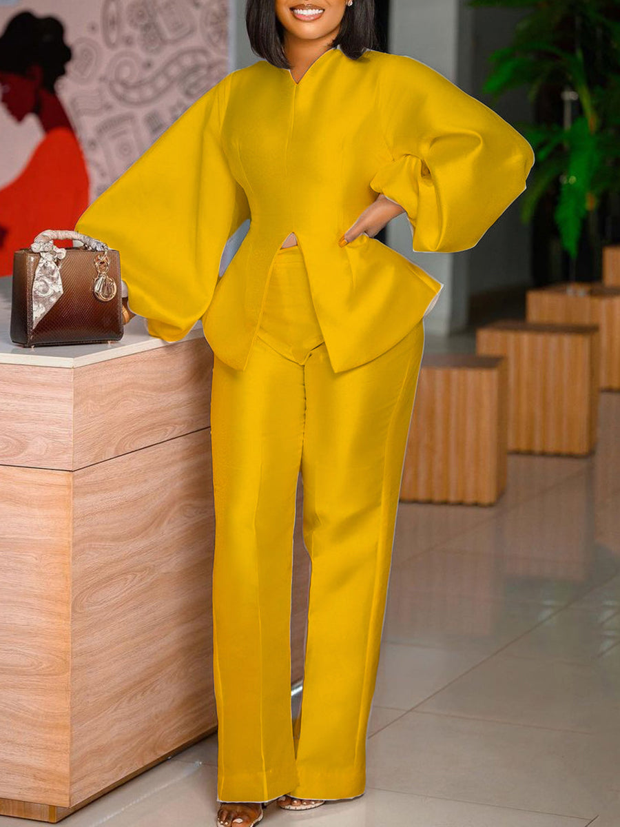 Puff Sleeve Slit Top Pants Set