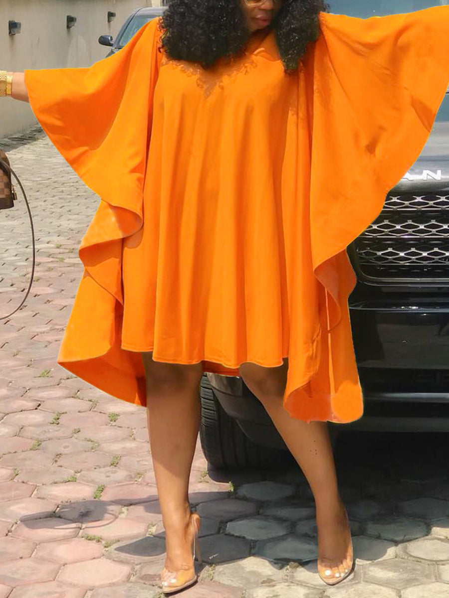 Plus Size Batwing Sleeve Ruffle Midi Dress