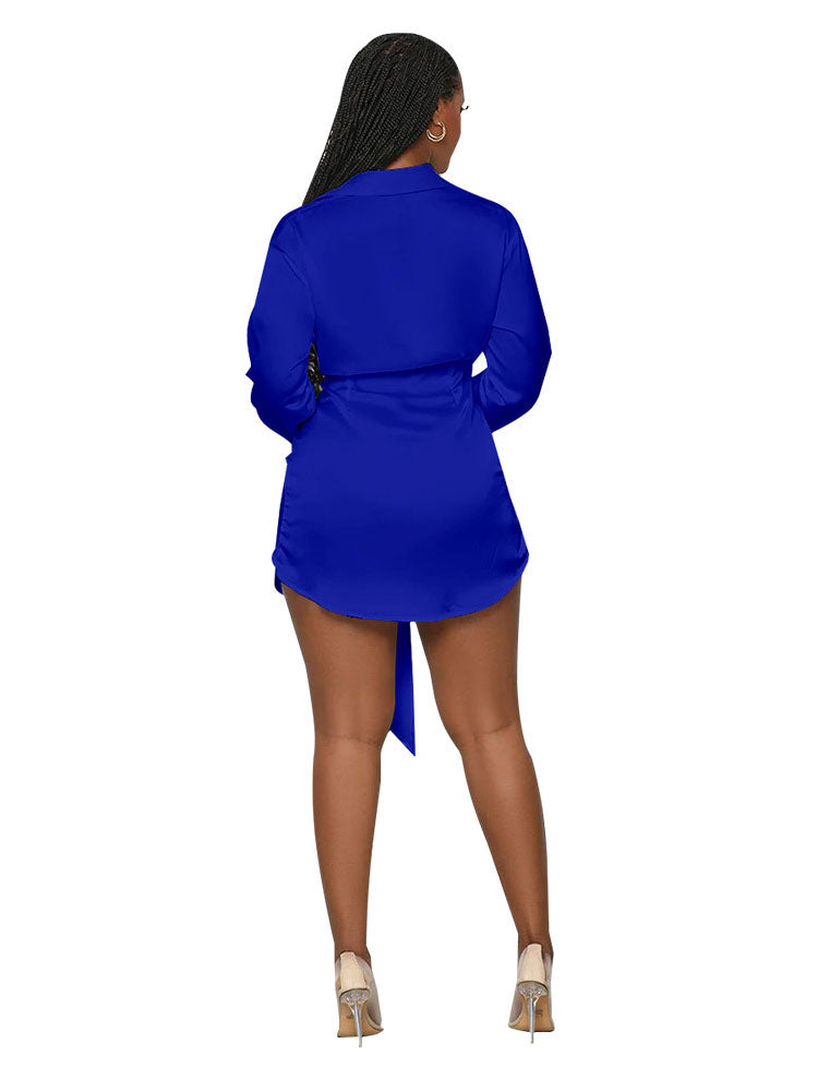 Long Sleeve Lapel V Neck Button Ruched Mini Shirt Dress