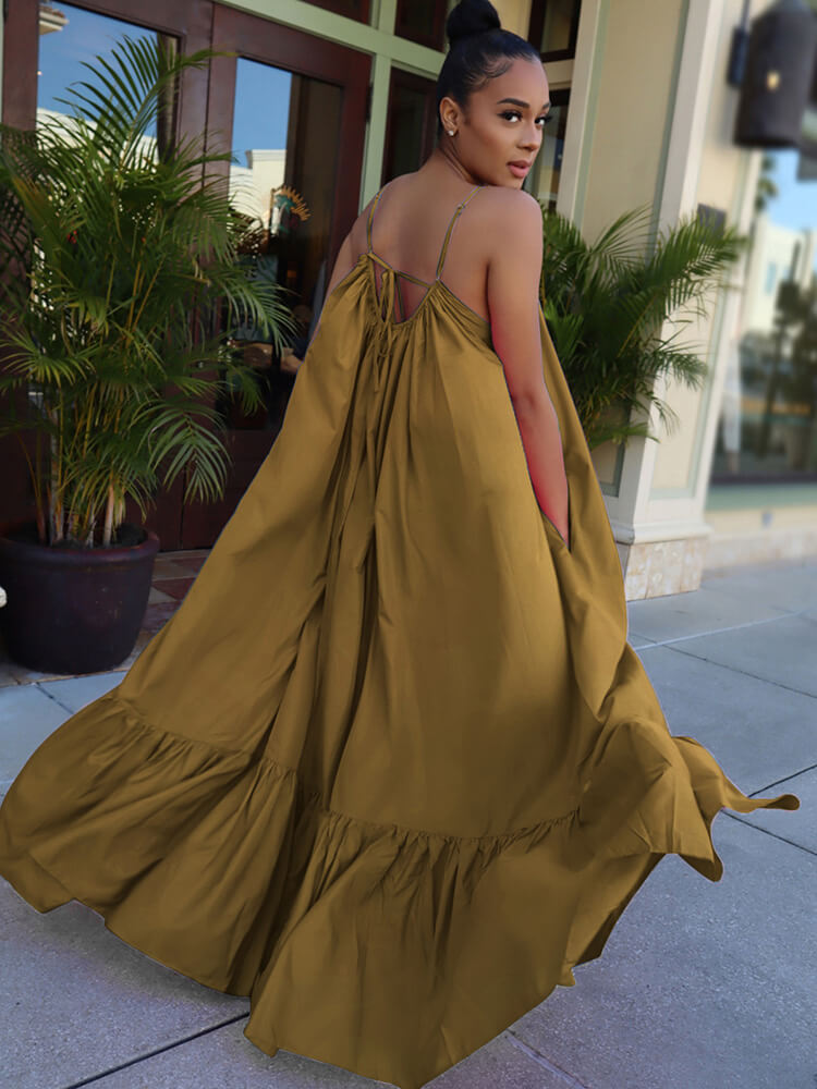 Plus Size Spaghetti Strap Ruffle Beach Maxi Swing Dress