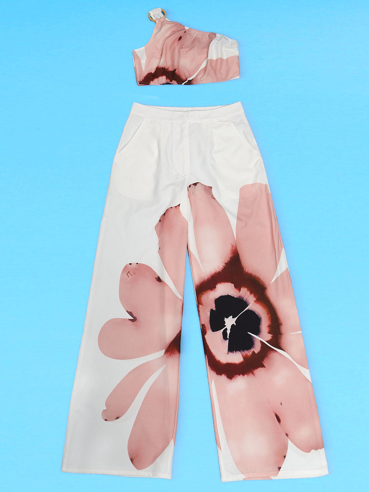 Two Piece One-Shoulder Floral Print Pants Set