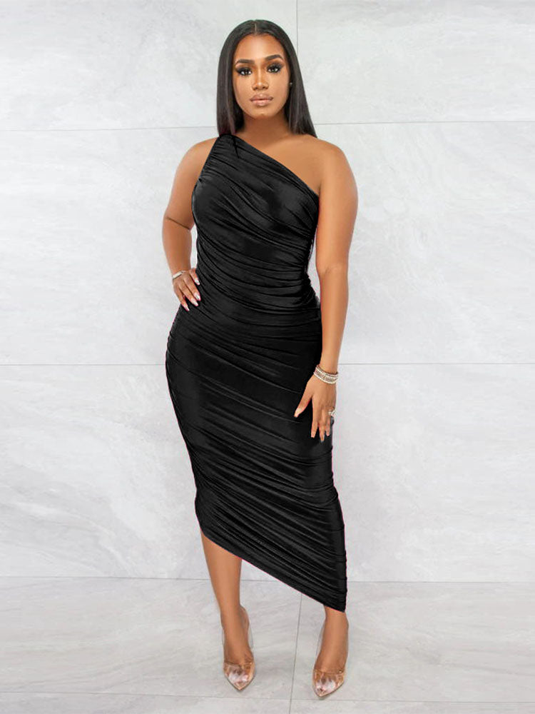 One Shoulder Sleeveless Backless Ruched Maxi Dress
