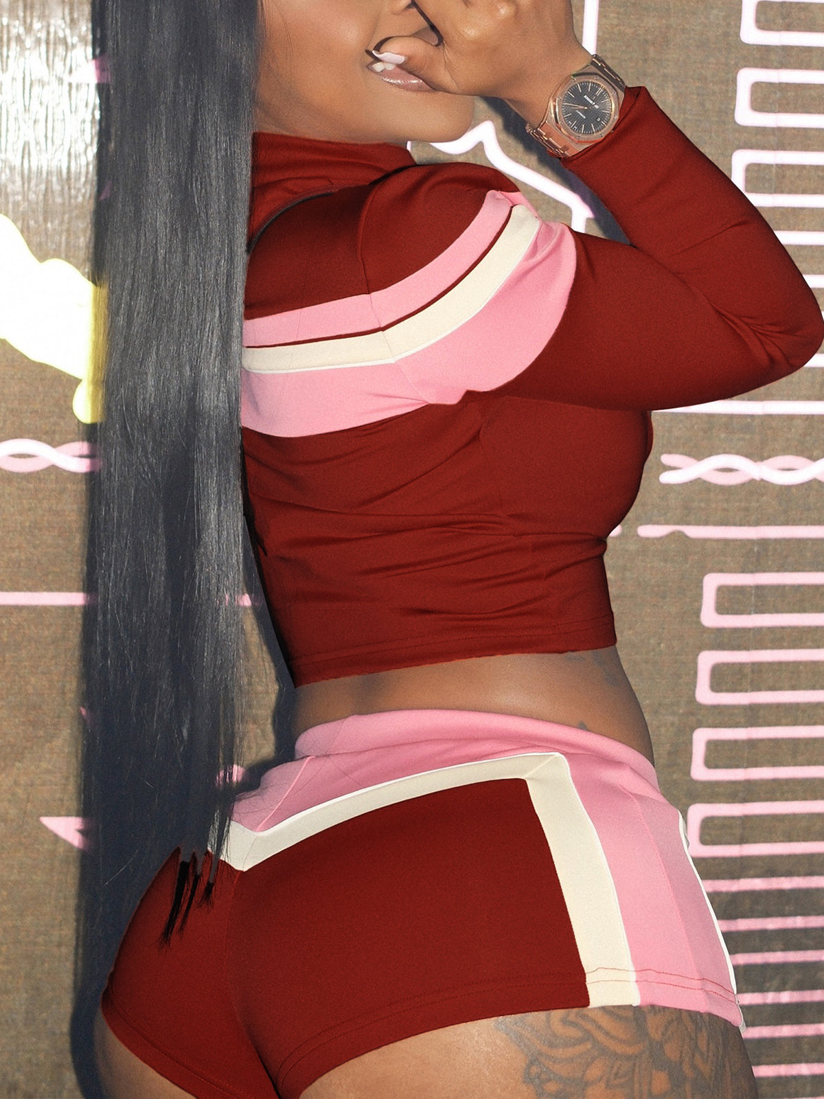 Three Piece Color Block Bra Jacket Shorts Set