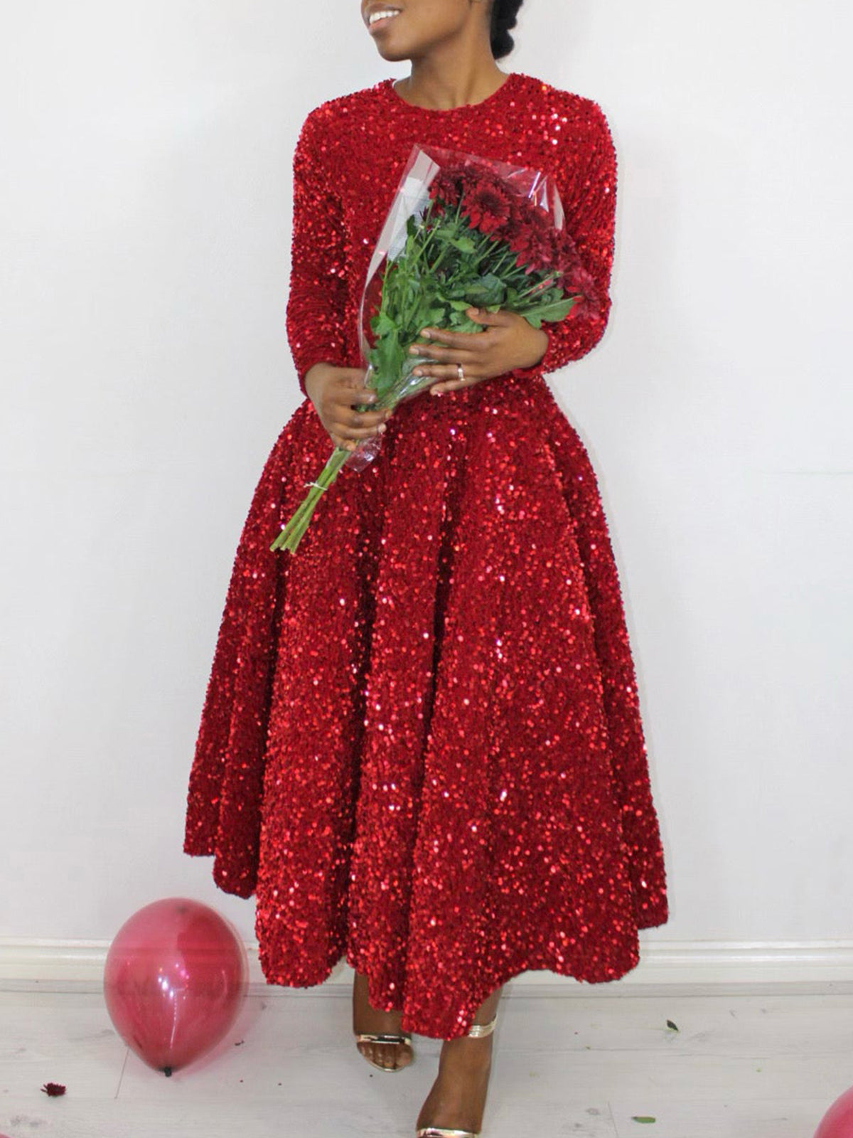 Long Sleeve Solid Color Sequin Dress