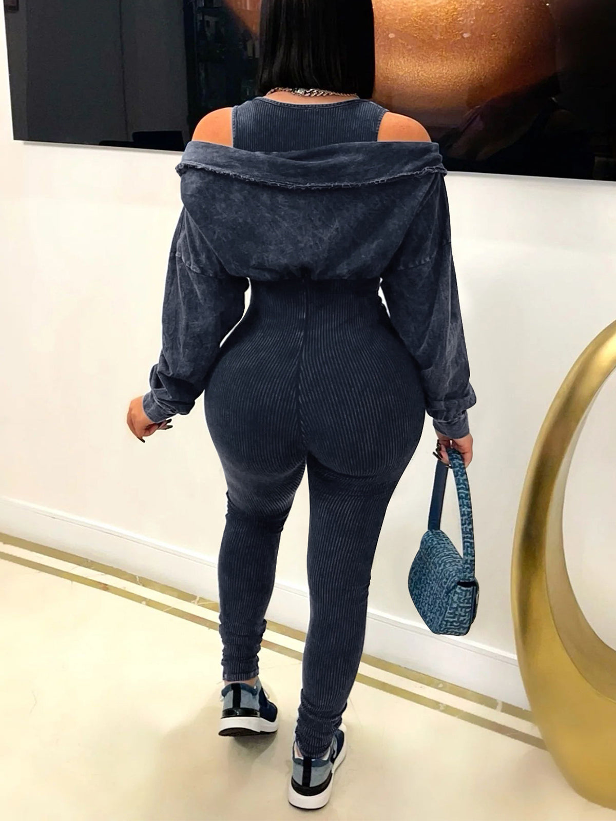 Off Shoulder Long Sleeve Ribbed Jumpsuit