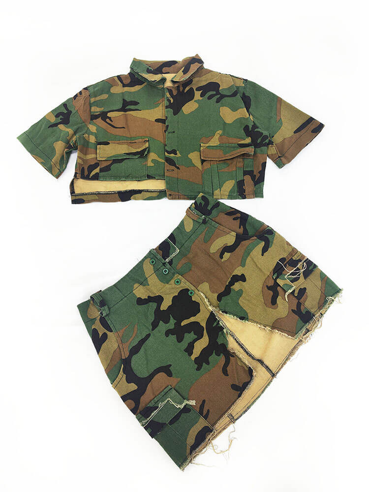 Two Piece Camouflage Jacket Split Skirts