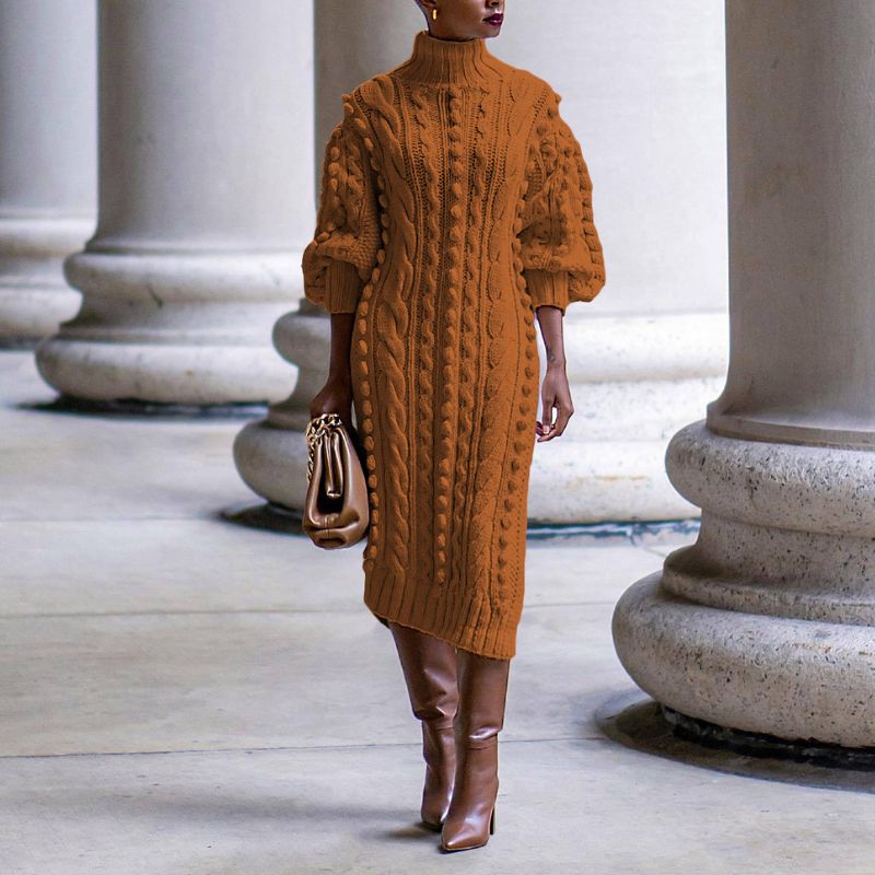 High Collar Slit knit Midi Dress