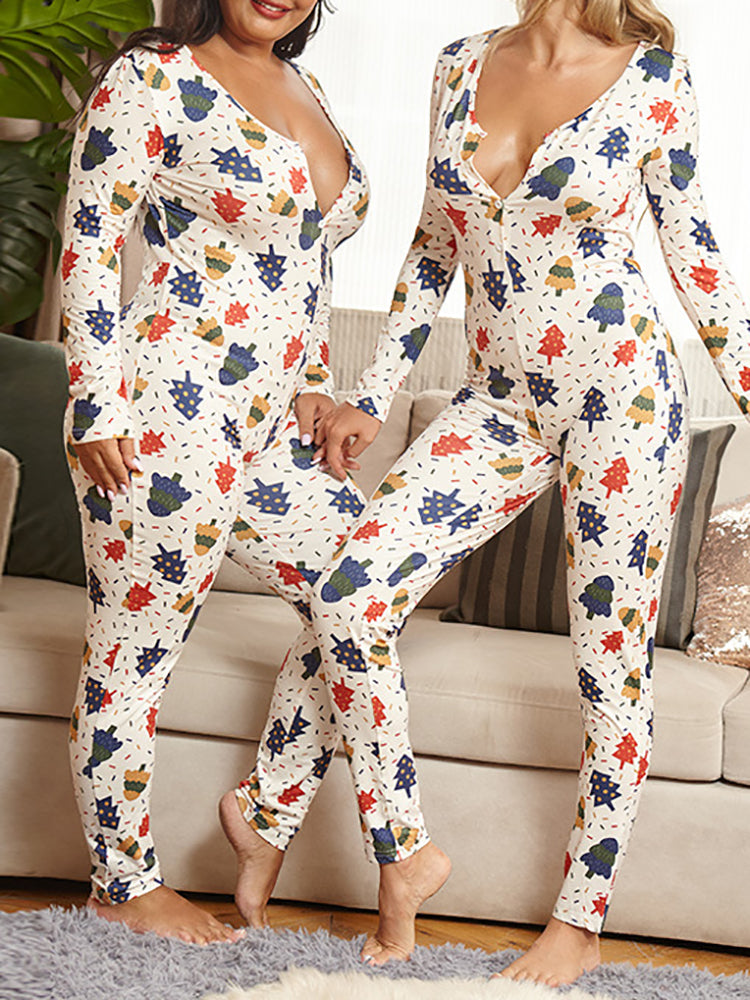 Christmas Print Long Sleeve Jumpsuit