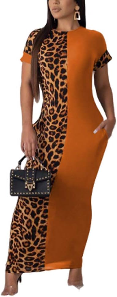 Leopard Patchwork Short Sleeve Bodycon Midi Dress